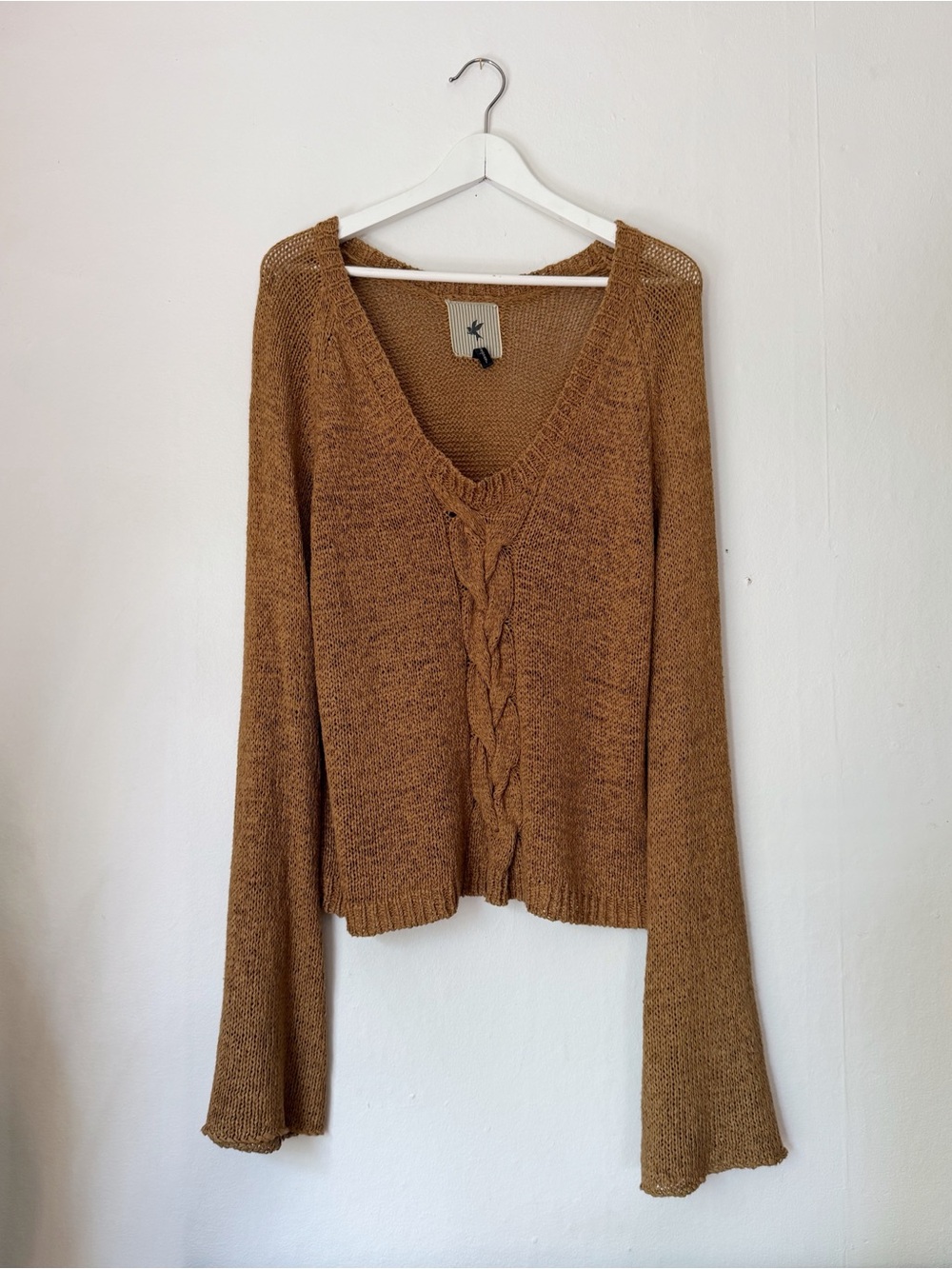 One Teaspoon Camel V-Neck Cable Knit Sweater